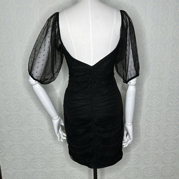 ASOS DESIGN | Dobby Mesh, Puffy Sleeve, Faux Wrap, Dress in Black - Picture 6 of 13
